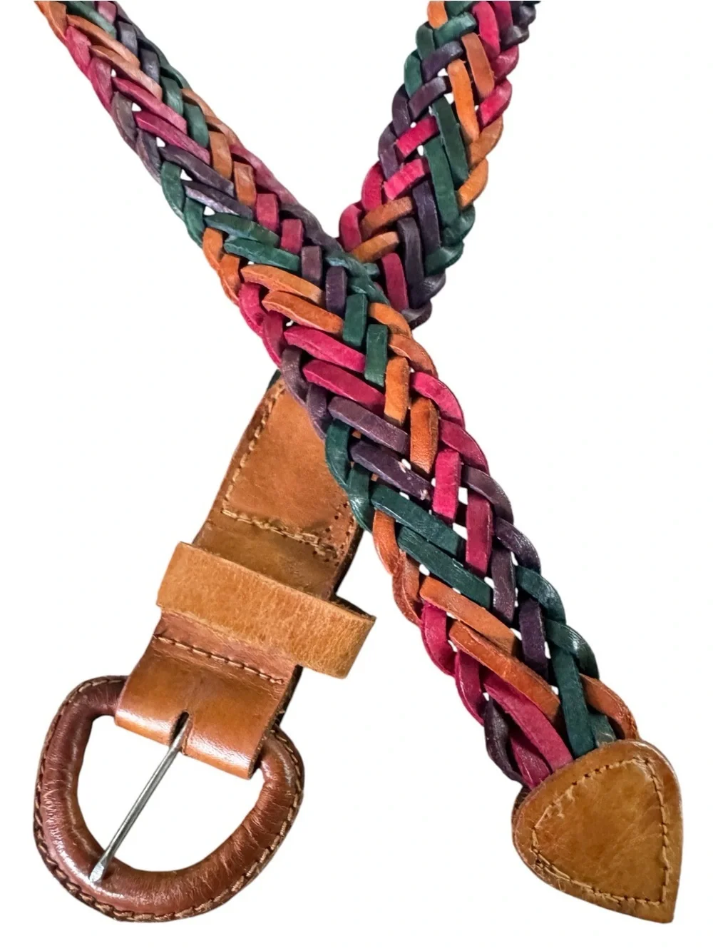 Handmade Guatemala Genuine Leather Braided Multicolor Belt Boho Western 43”